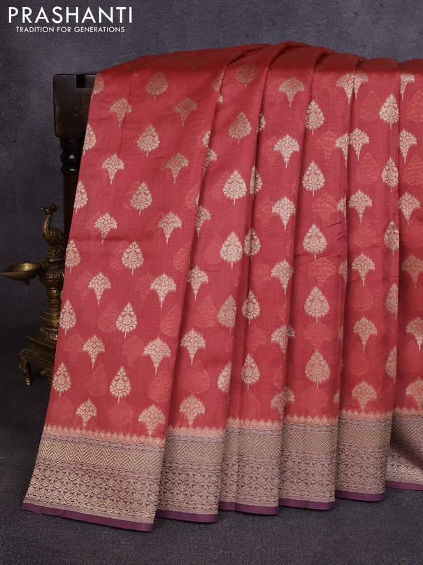 Banarasi silk cotton saree rust shade and purple with allover thread & zari woven buttas and woven border