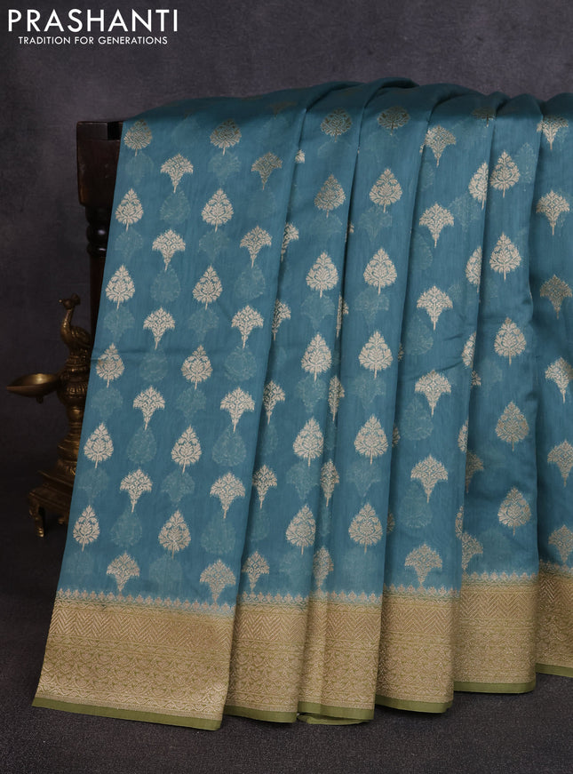 Banarasi silk cotton saree pastel blue and pastel green with allover thread & zari woven buttas and woven border