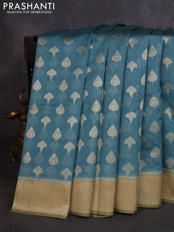 Banarasi silk cotton saree pastel blue and pastel green with allover thread & zari woven buttas and woven border