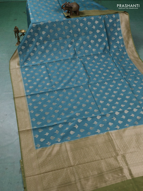 Banarasi silk cotton saree pastel blue and pastel green with allover thread & zari woven buttas and woven border