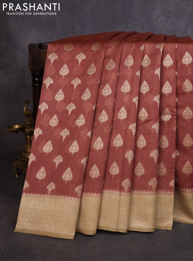Banarasi silk cotton saree rust shade and sandal with allover thread & zari woven buttas and woven border