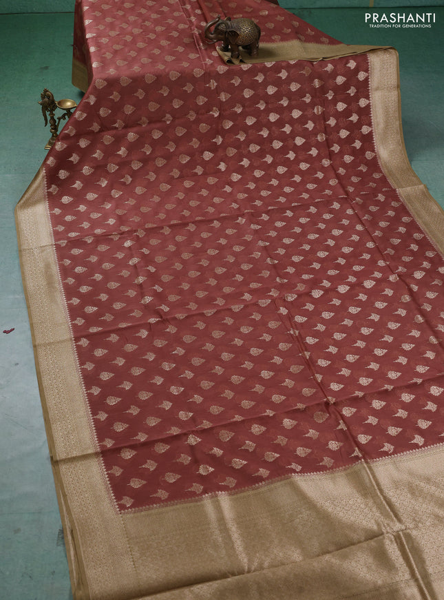 Banarasi silk cotton saree rust shade and sandal with allover thread & zari woven buttas and woven border