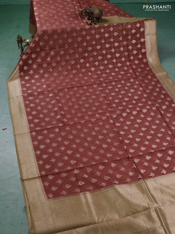 Banarasi silk cotton saree rust shade and sandal with allover thread & zari woven buttas and woven border