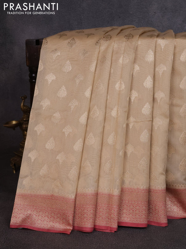 Banarasi silk cotton saree bluish grey and dark peach with allover thread & zari woven buttas and woven border