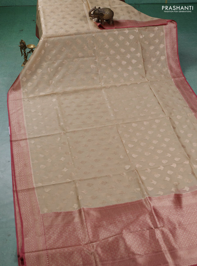 Banarasi silk cotton saree bluish grey and dark peach with allover thread & zari woven buttas and woven border