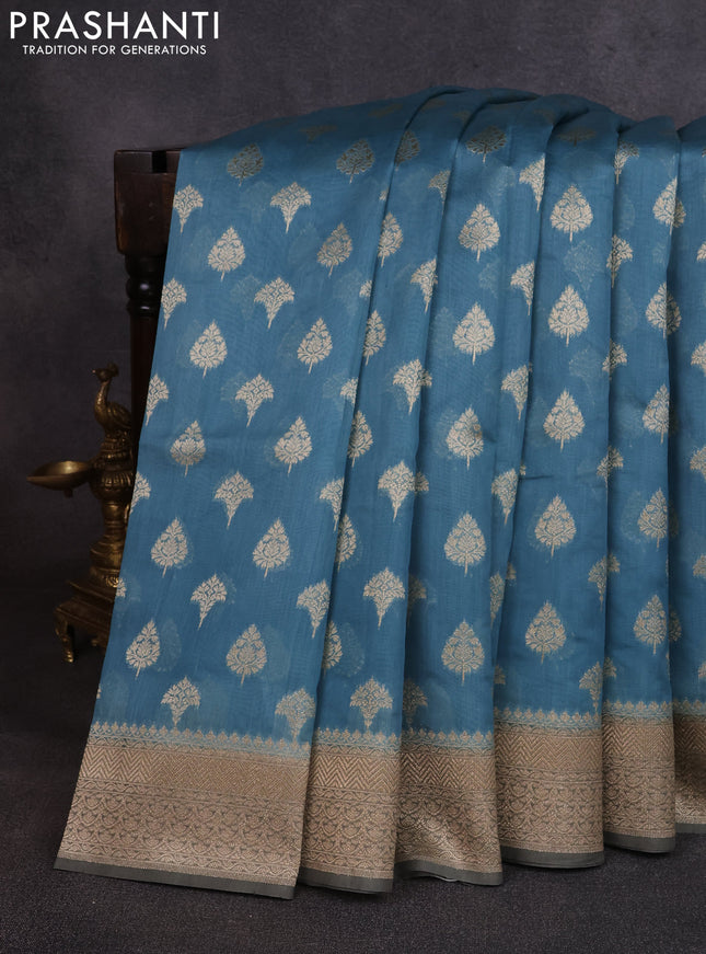 Banarasi silk cotton saree pastel blue and grey with allover thread & zari woven buttas and woven border