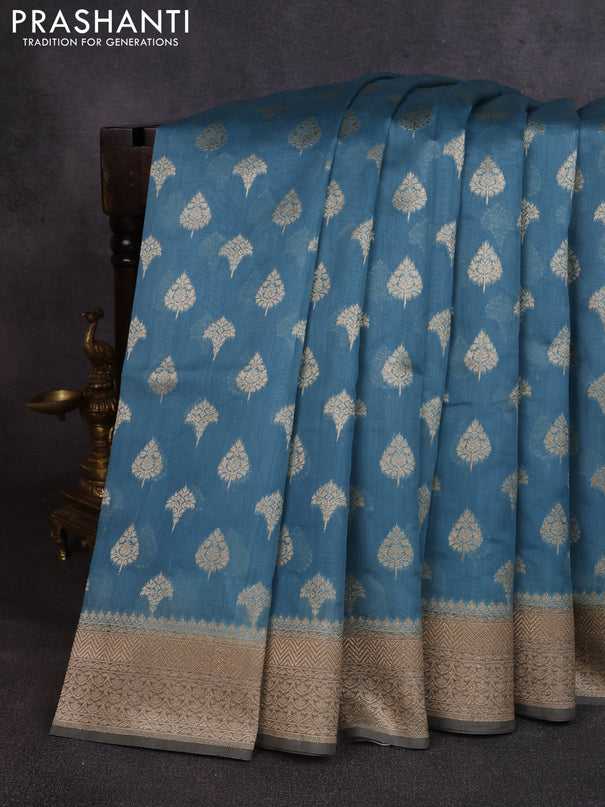 Banarasi silk cotton saree pastel blue and grey with allover thread & zari woven buttas and woven border