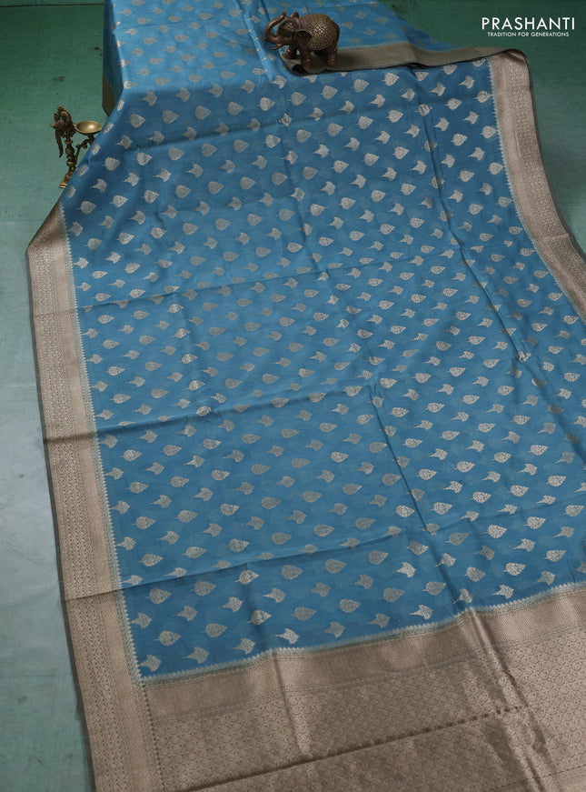 Banarasi silk cotton saree pastel blue and grey with allover thread & zari woven buttas and woven border