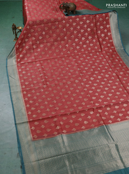 Banarasi silk cotton saree rust shade and pastel blue with allover thread & zari woven buttas and woven border