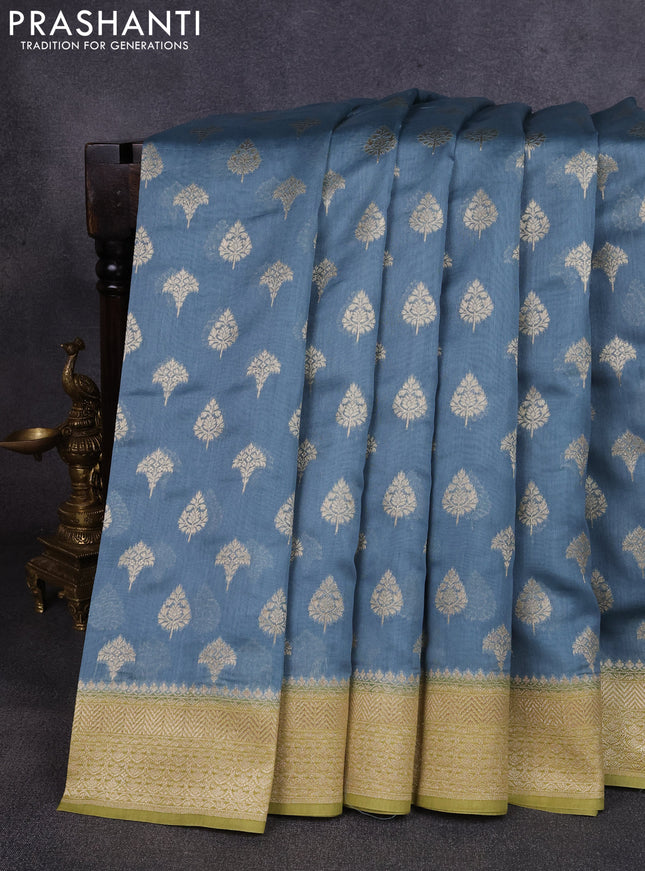 Banarasi silk cotton saree pastel blue and mehendi green with allover thread & zari woven buttas and woven border