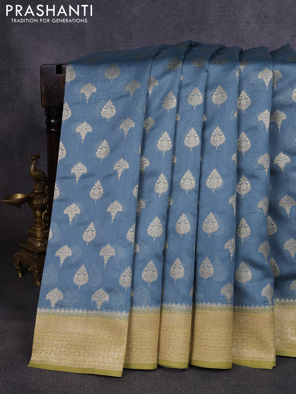 Banarasi silk cotton saree pastel blue and mehendi green with allover thread & zari woven buttas and woven border