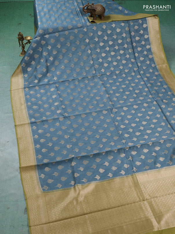 Banarasi silk cotton saree pastel blue and mehendi green with allover thread & zari woven buttas and woven border
