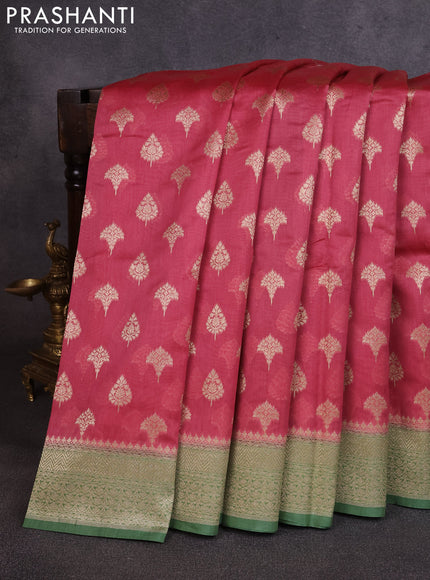 Banarasi silk cotton saree dark peach and green with allover thread & zari woven buttas and woven border