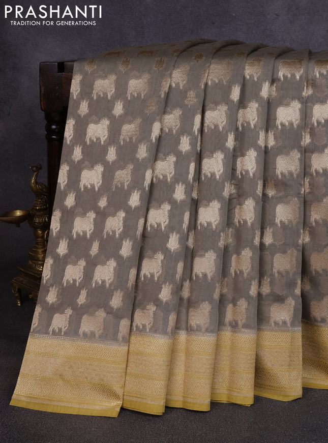 Banarasi silk cotton saree grey and mustard yellow with allover thread & zari pichwai buttas and woven border