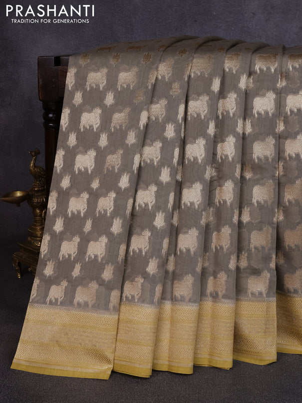 Banarasi silk cotton saree grey and mustard yellow with allover thread & zari pichwai buttas and woven border