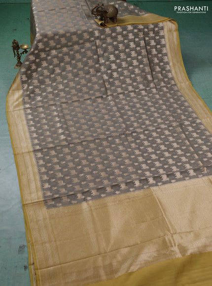 Banarasi silk cotton saree grey and mustard yellow with allover thread & zari pichwai buttas and woven border