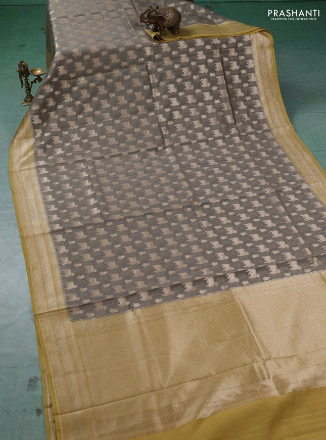 Banarasi silk cotton saree grey and mustard yellow with allover thread & zari pichwai buttas and woven border