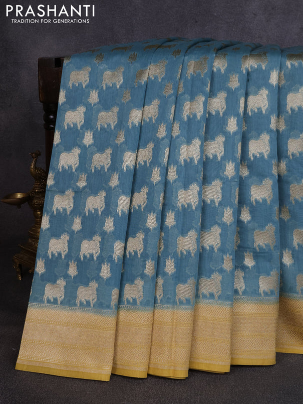 Banarasi silk cotton saree pastel blue and mustard yellow with allover thread & zari pichwai buttas and woven border