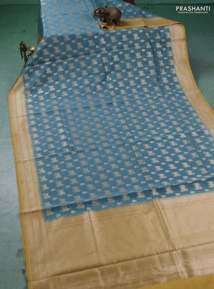 Banarasi silk cotton saree pastel blue and mustard yellow with allover thread & zari pichwai buttas and woven border