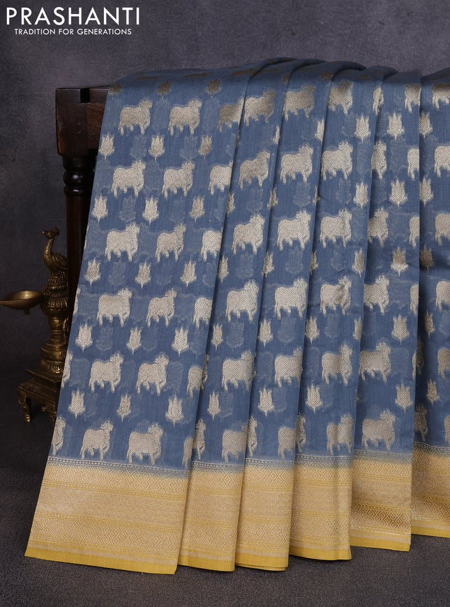 Banarasi silk cotton saree bluish grey and mustard yellow with allover thread & zari pichwai buttas and woven border