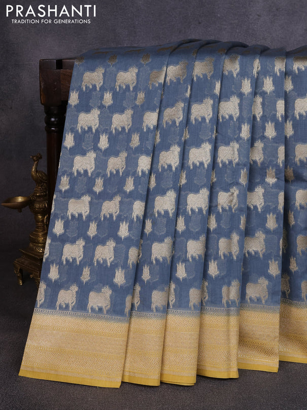 Banarasi silk cotton saree bluish grey and mustard yellow with allover thread & zari pichwai buttas and woven border
