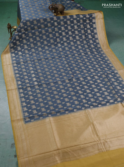 Banarasi silk cotton saree bluish grey and mustard yellow with allover thread & zari pichwai buttas and woven border