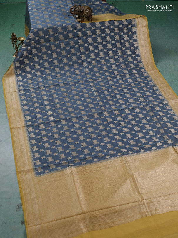Banarasi silk cotton saree bluish grey and mustard yellow with allover thread & zari pichwai buttas and woven border