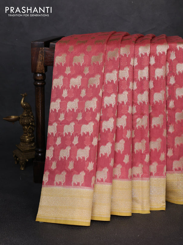 Banarasi silk cotton saree dark peach and mustard yellow with allover thread & zari pichwai buttas and woven border