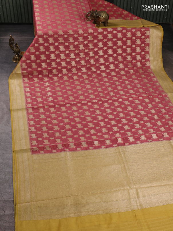 Banarasi silk cotton saree dark peach and mustard yellow with allover thread & zari pichwai buttas and woven border
