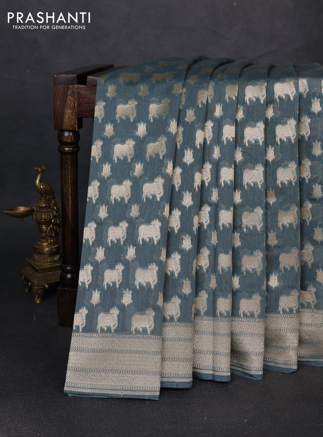 Banarasi silk cotton saree bluish grey with allover thread & zari pichwai buttas and woven border