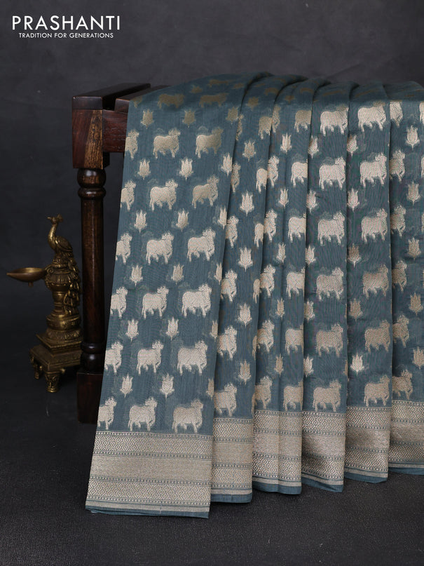 Banarasi silk cotton saree bluish grey with allover thread & zari pichwai buttas and woven border