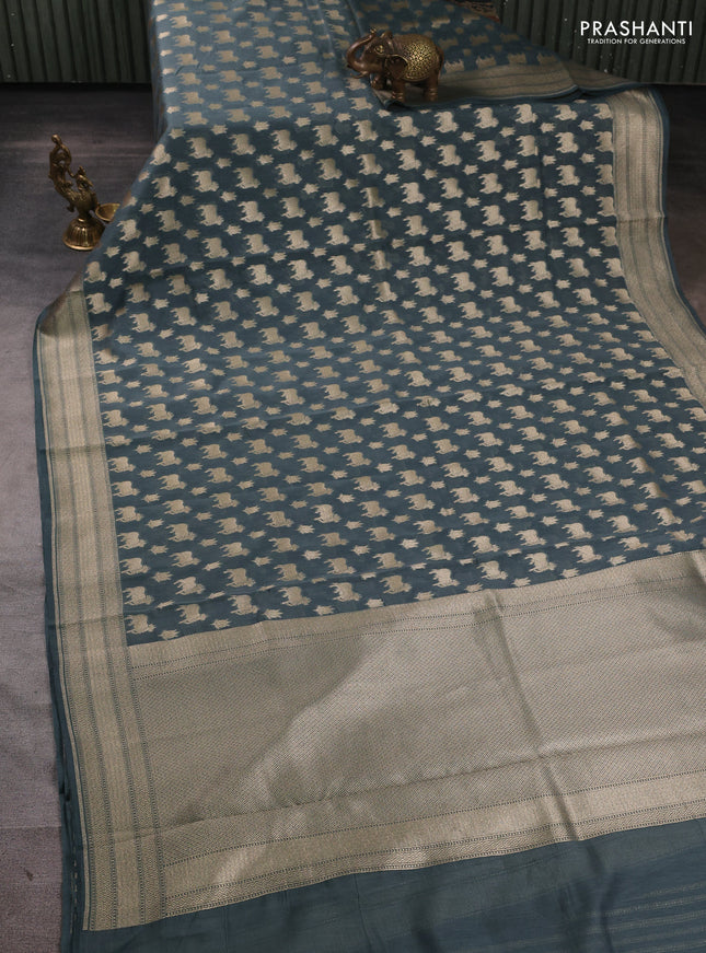 Banarasi silk cotton saree bluish grey with allover thread & zari pichwai buttas and woven border
