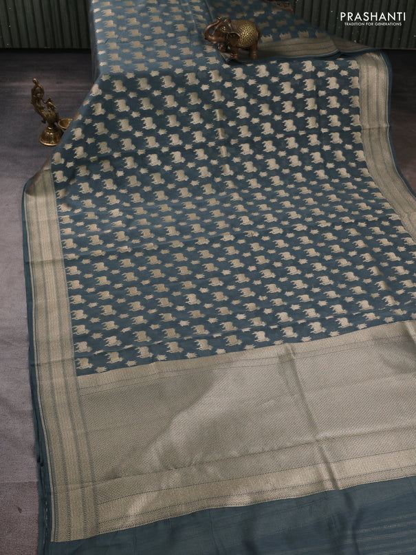 Banarasi silk cotton saree bluish grey with allover thread & zari pichwai buttas and woven border