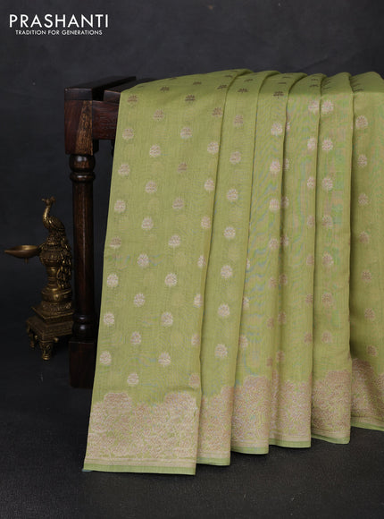 Banarasi silk cotton saree pastel green with allover thread & zari woven buttas and woven border
