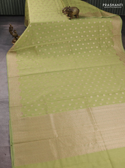 Banarasi silk cotton saree pastel green with allover thread & zari woven buttas and woven border