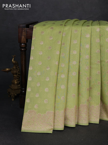 Banarasi silk cotton saree pista green with allover thread & zari woven buttas and woven border
