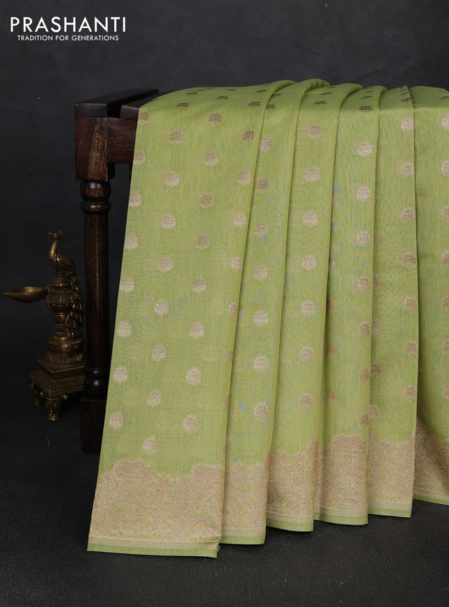 Banarasi silk cotton saree pista green with allover thread & zari woven buttas and woven border