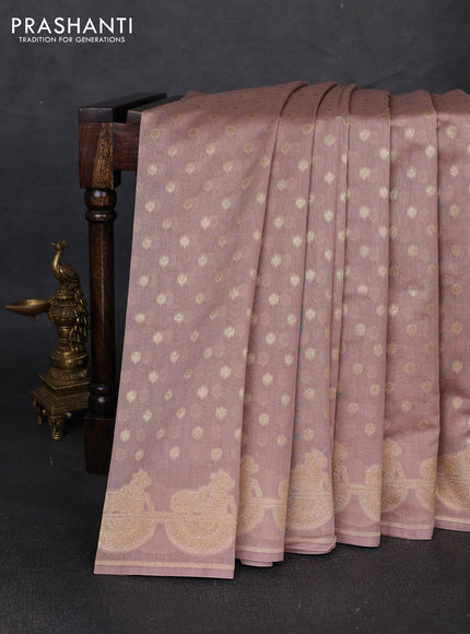 Banarasi silk cotton saree pastel peach with allover thread & zari woven buttas and pichwai woven border