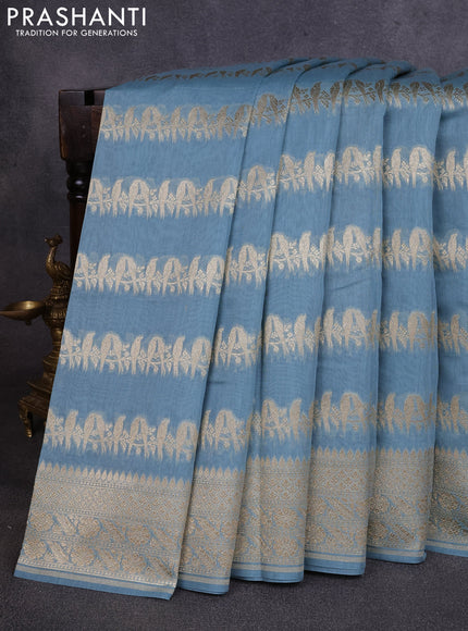 Banarasi silk cotton saree pastel blue with allover thread & zari weaves and woven border