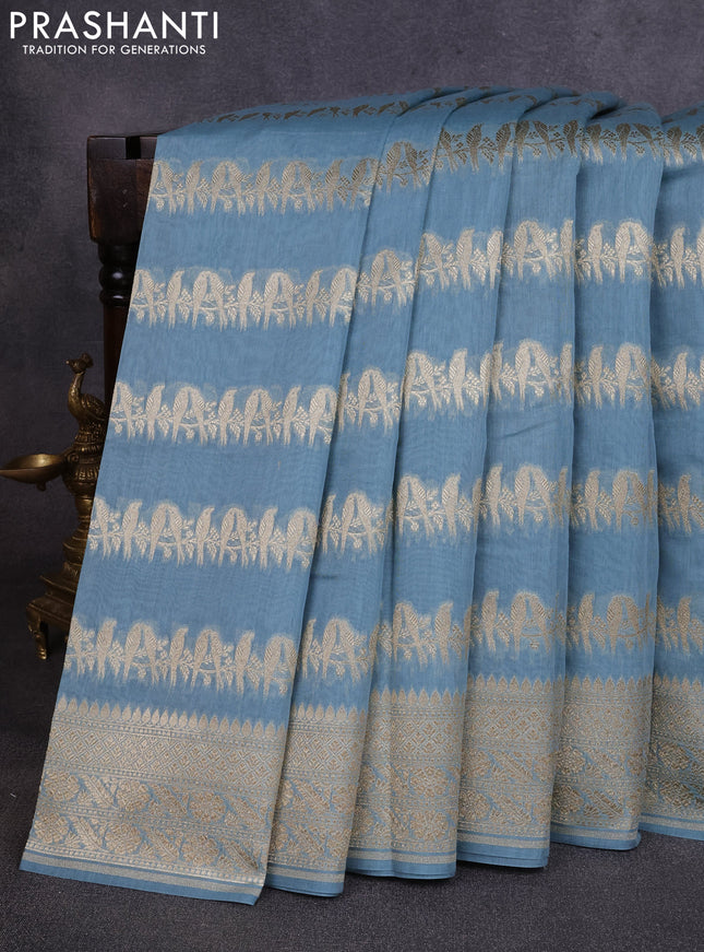 Banarasi silk cotton saree pastel blue with allover thread & zari weaves and woven border