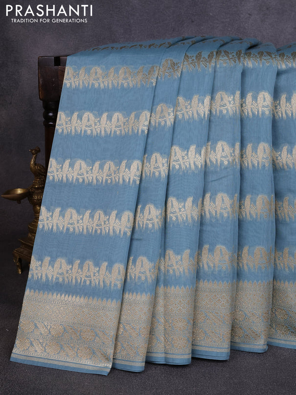 Banarasi silk cotton saree pastel blue with allover thread & zari weaves and woven border