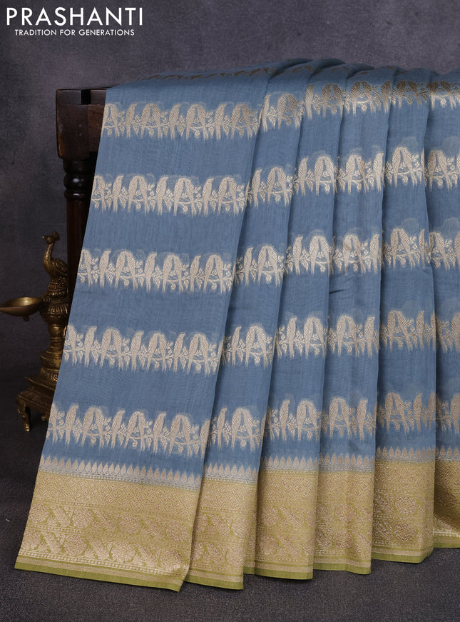 Banarasi silk cotton saree greyish blue and mehendi green with allover thread & zari weaves and woven border