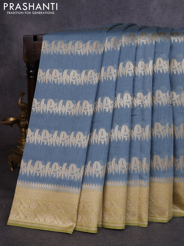 Banarasi silk cotton saree greyish blue and mehendi green with allover thread & zari weaves and woven border