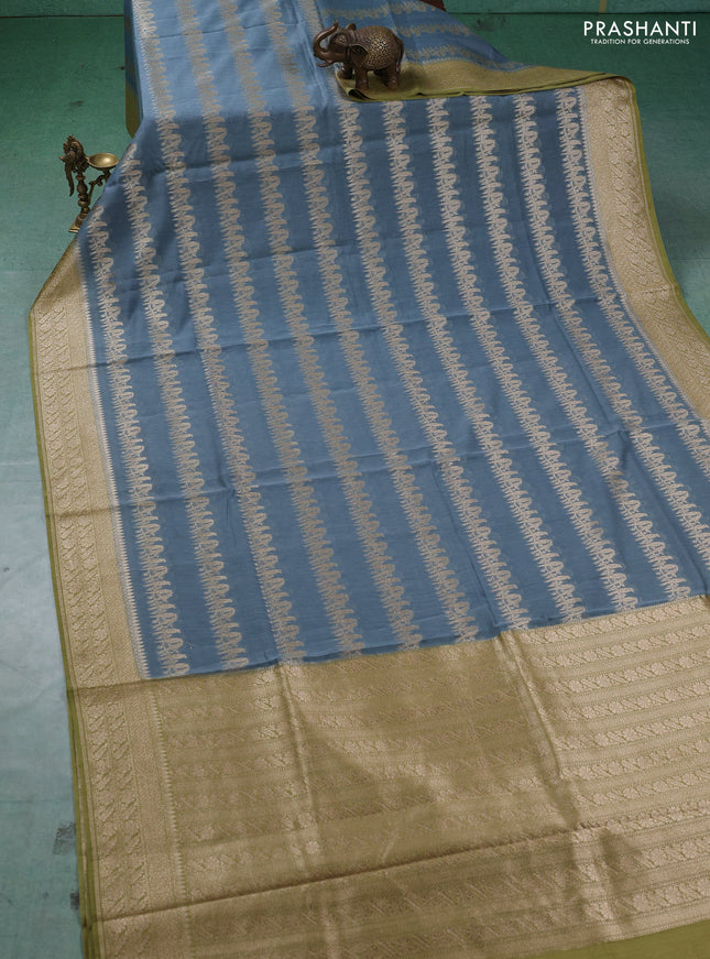 Banarasi silk cotton saree greyish blue and mehendi green with allover thread & zari weaves and woven border