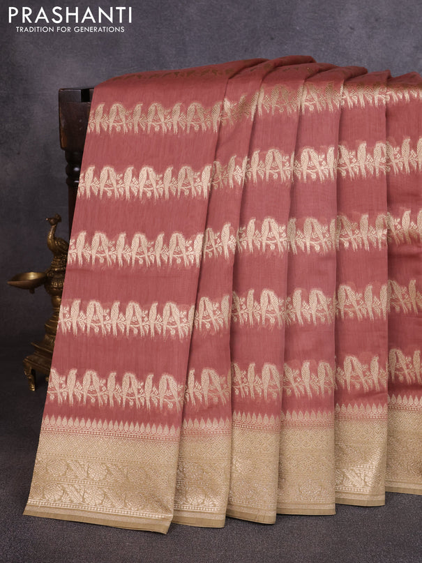 Banarasi silk cotton saree dark peach and sandal with allover thread & zari weaves and woven border