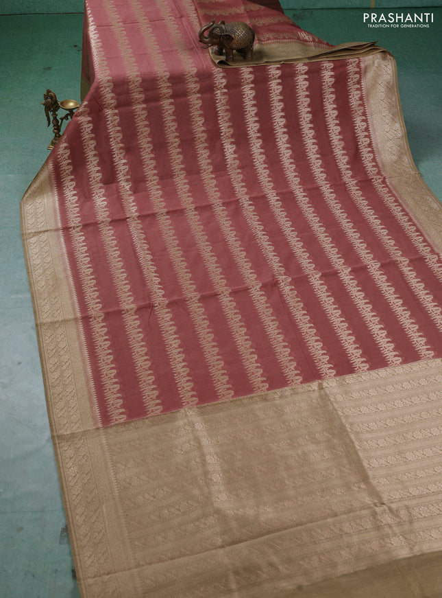 Banarasi silk cotton saree dark peach and sandal with allover thread & zari weaves and woven border