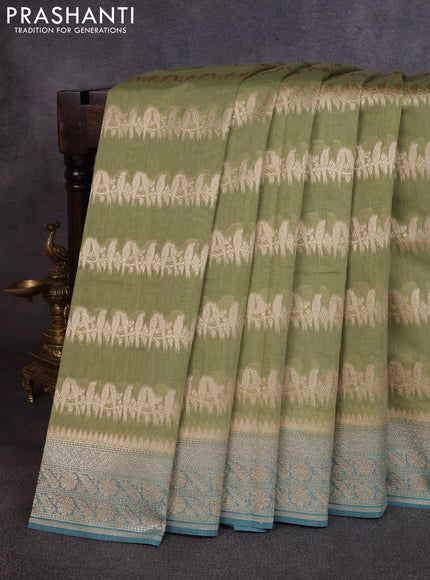 Banarasi silk cotton saree pastel green and pastel blue with allover thread & zari weaves and woven border