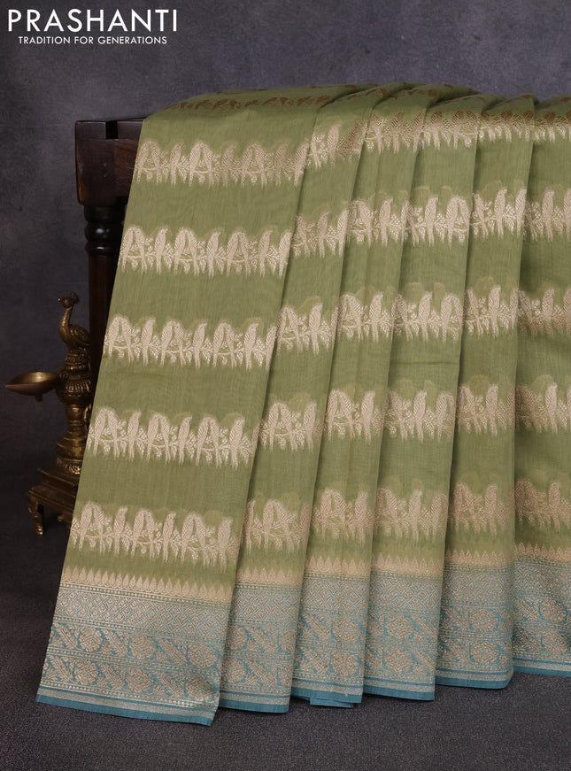 Banarasi silk cotton saree pastel green and pastel blue with allover thread & zari weaves and woven border