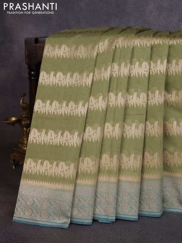 Banarasi silk cotton saree pastel green and pastel blue with allover thread & zari weaves and woven border
