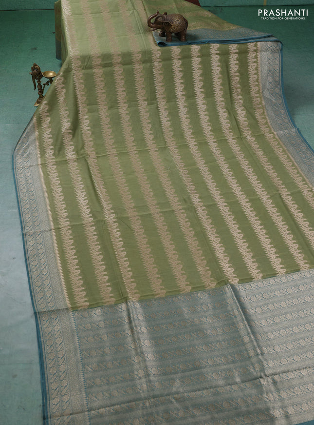 Banarasi silk cotton saree pastel green and pastel blue with allover thread & zari weaves and woven border